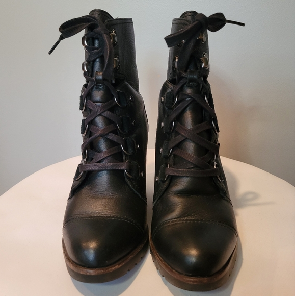 Sorel After Hours Black & Brown Lace Up Leather Wedge Wooden Heel Boots SZ 8.5 - Picture 4 of 13